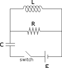 RLC circuit practice problem example ><br />A.  The instant the switch is closed, find the voltage drop across and the current through the capacitor, inductor, and resistor.<br 