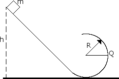 work and energy physics problem ><br />A. What is h in terms of R if the block is on the verge of leaving the track when it reaches the top of the loop? <br
